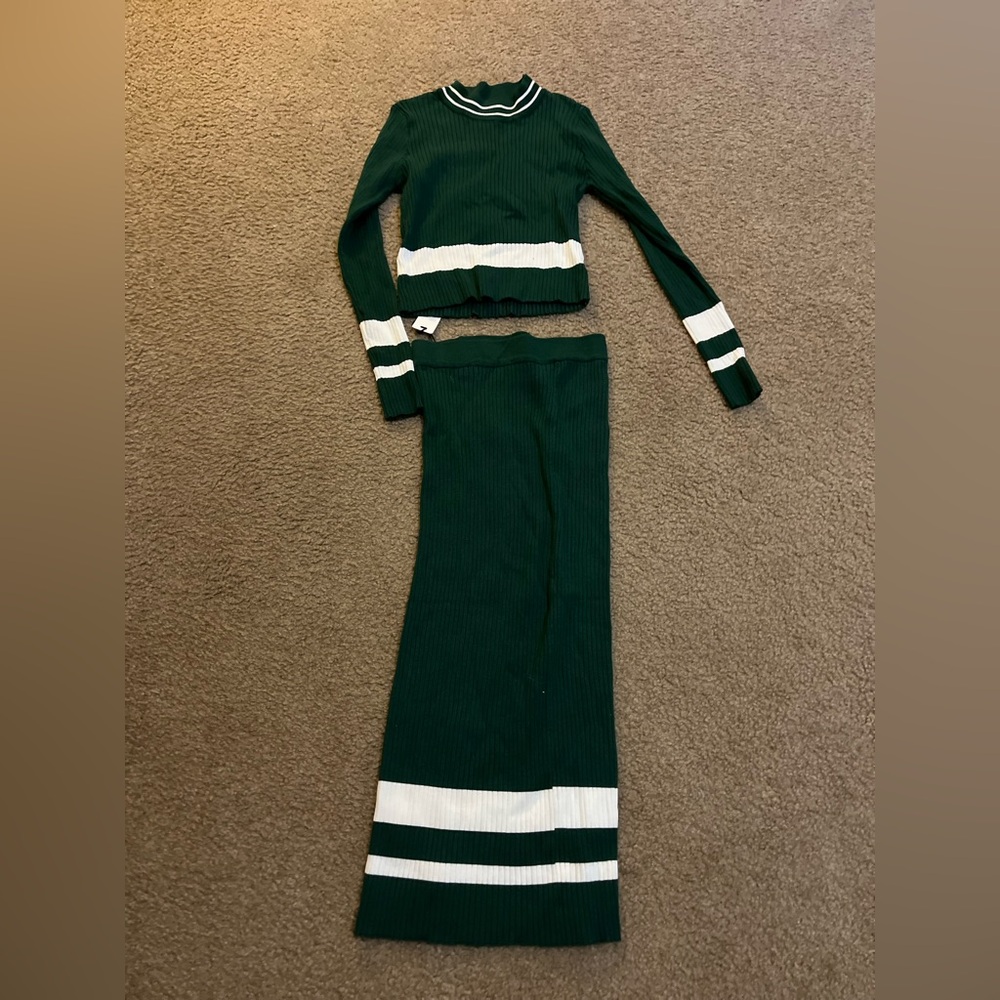 NWT Forever 21 Green and White Striped Knit Skirt + Top Set